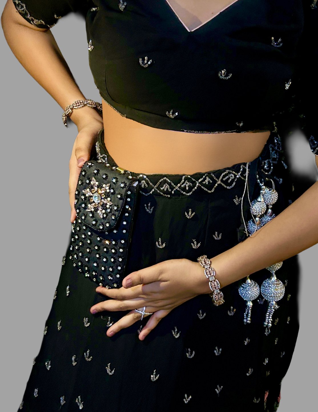 Bloom Embellished Bead Mobile Pouch Black