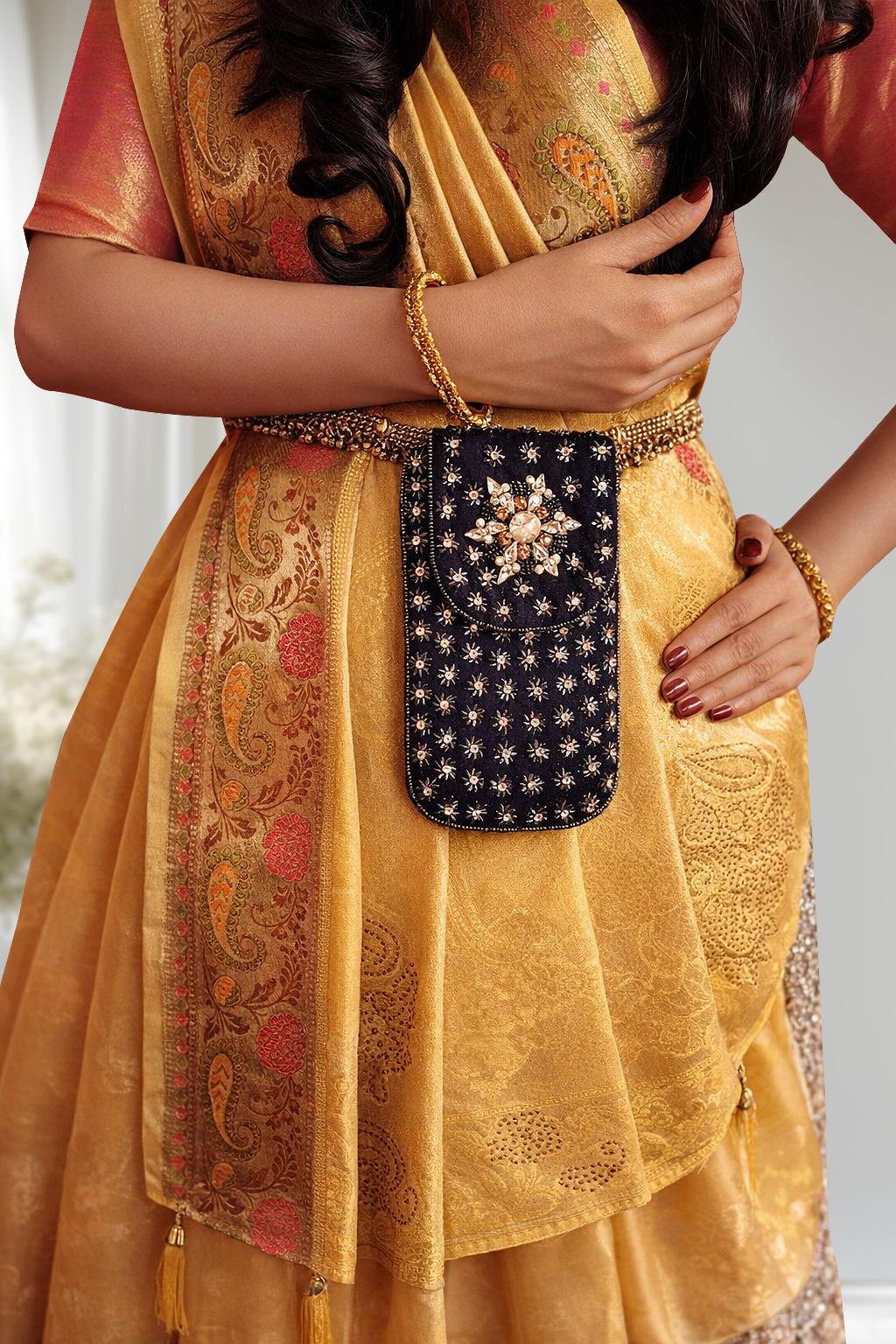 Bloom Embellished Bead Mobile Pouch Navy Blue